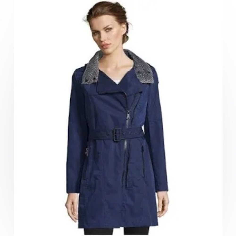 Marc New York Blue Urban Hooded Belted Zipper Trench Rain Coat Size Large